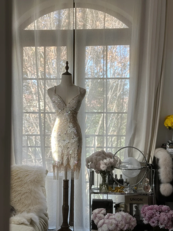 Apricot white halter-neck fitted bodycon short ball gown R7708