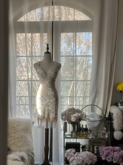 Apricot white halter-neck fitted bodycon short ball gown R7708