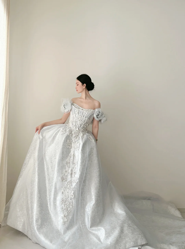 Light dusty blue one‑shoulder, waist‑cinched, slim‑fit, full‑skirted elegant long prom dress R7978