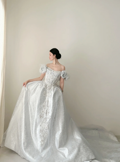 Light dusty blue one‑shoulder, waist‑cinched, slim‑fit, full‑skirted elegant long prom dress R7978