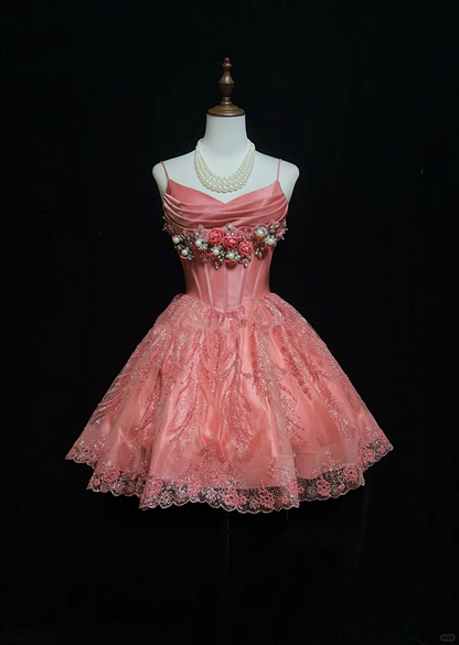 Pink halter chest 3D flower waist slim lace skirt design short skirt homecoming dress R4940