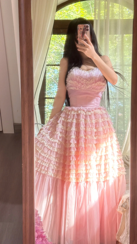 Light pink strapless fitted waist tiered skirt long ball gown R7747