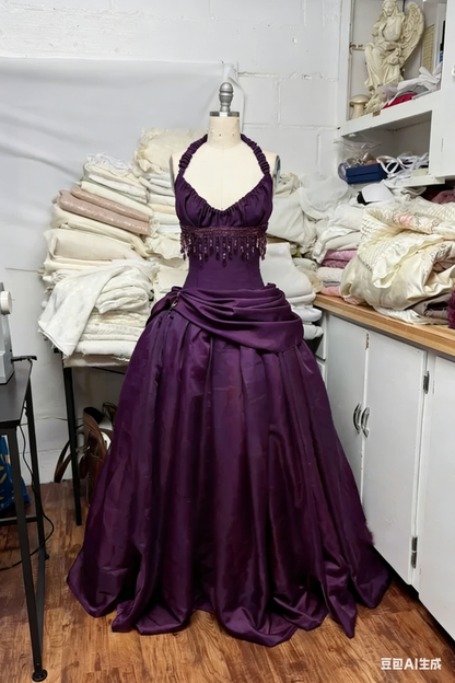 Glamorous Burgundy Halter Neck Beaded Fringe Satin Sweet 16 Quinceanera Ball Gown TP5698