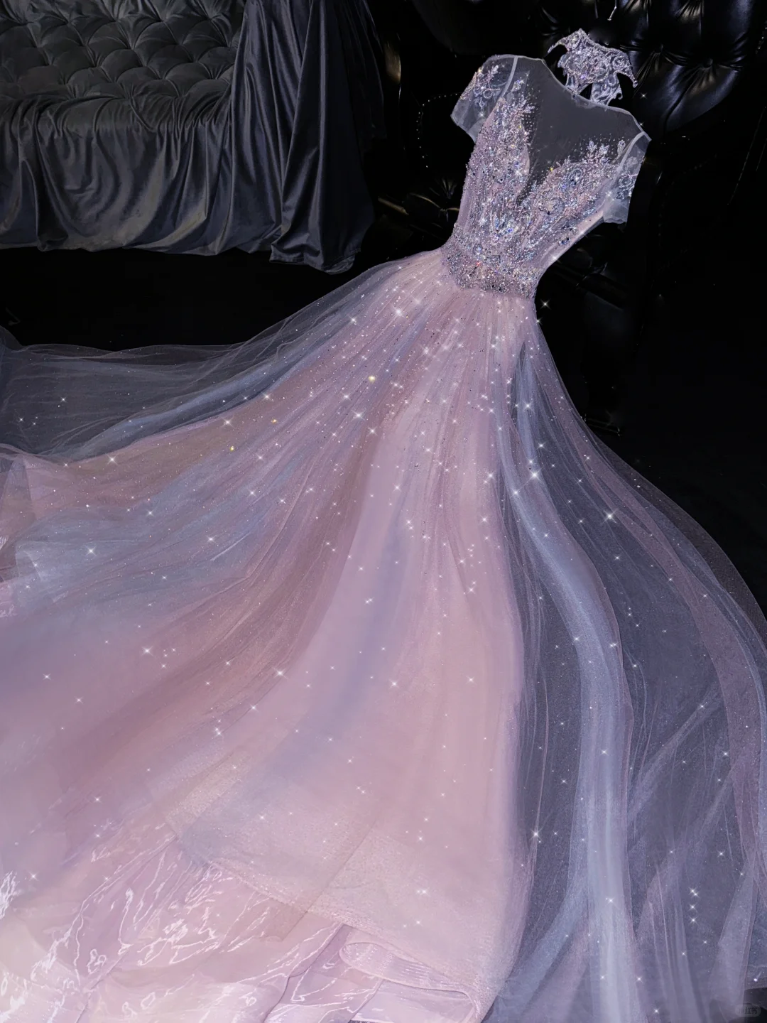 Dreamy Pink Sparkle Tulle Beaded High Neck Glittering Evening Gown TP5384