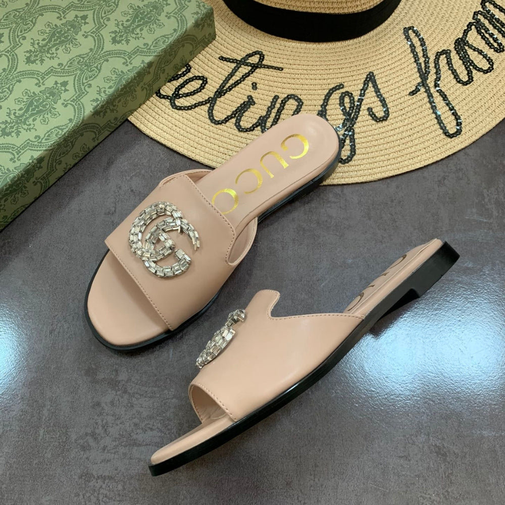 Gucci Double G Slippers Leather Beaded In Beige