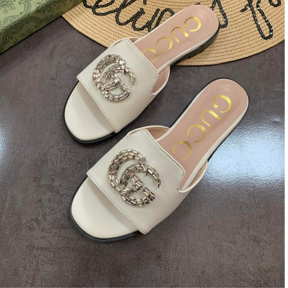 Gucci Double G Slippers Leather Beaded In White