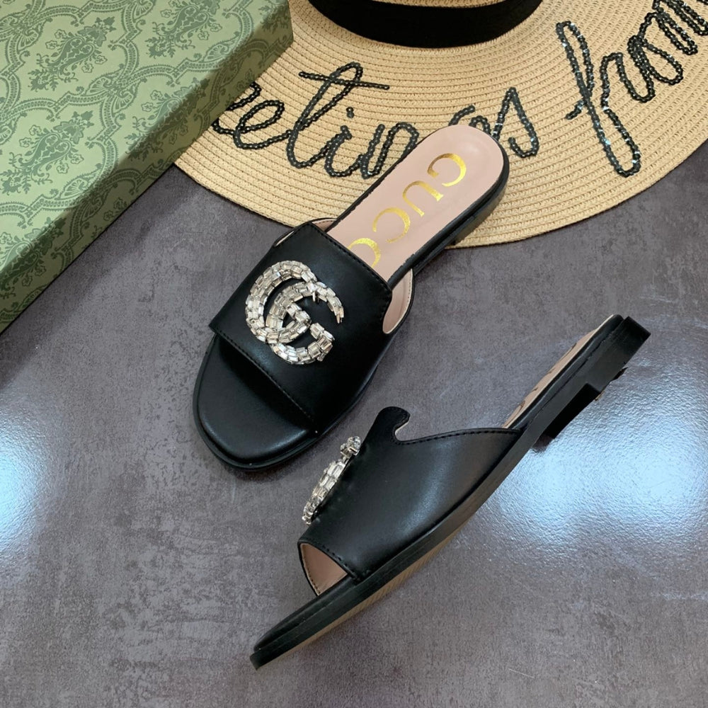 Gucci Double G Slippers Leather Beaded In Black
