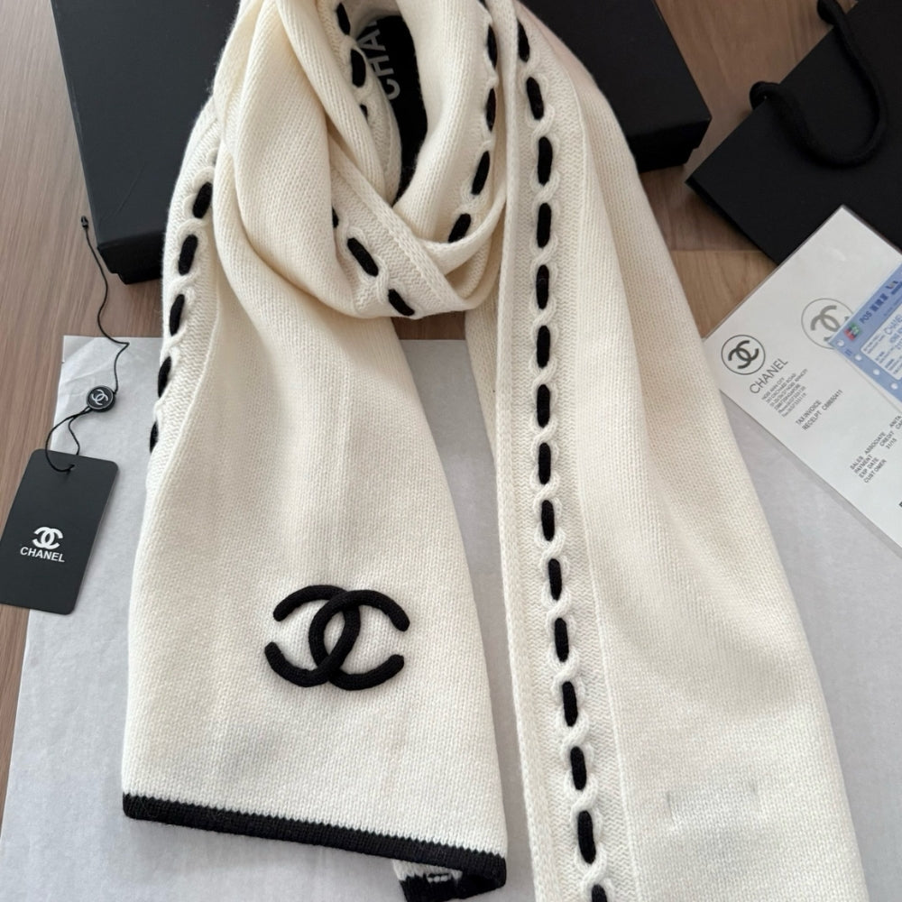 Chanel CC Logo Cashmere Scarf White 180Cm