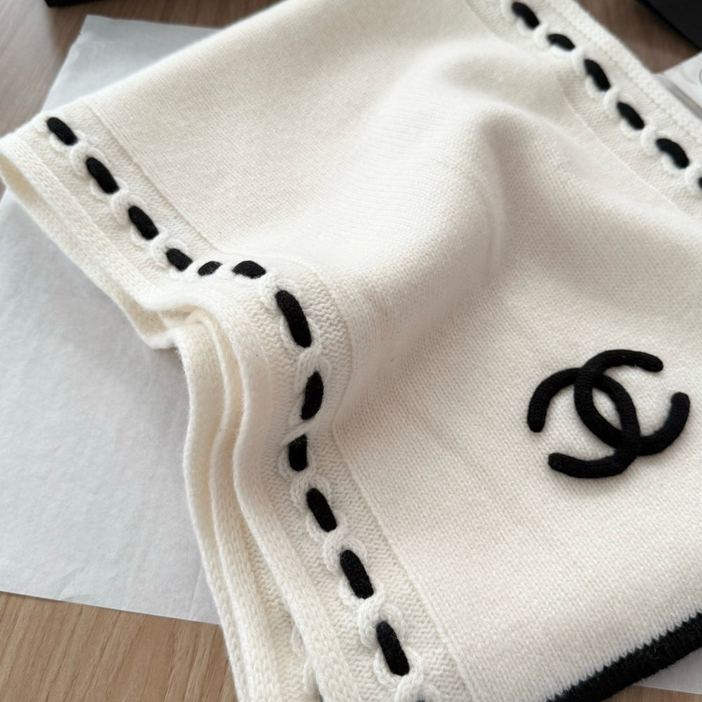 Chanel CC Logo Cashmere Scarf White 180Cm