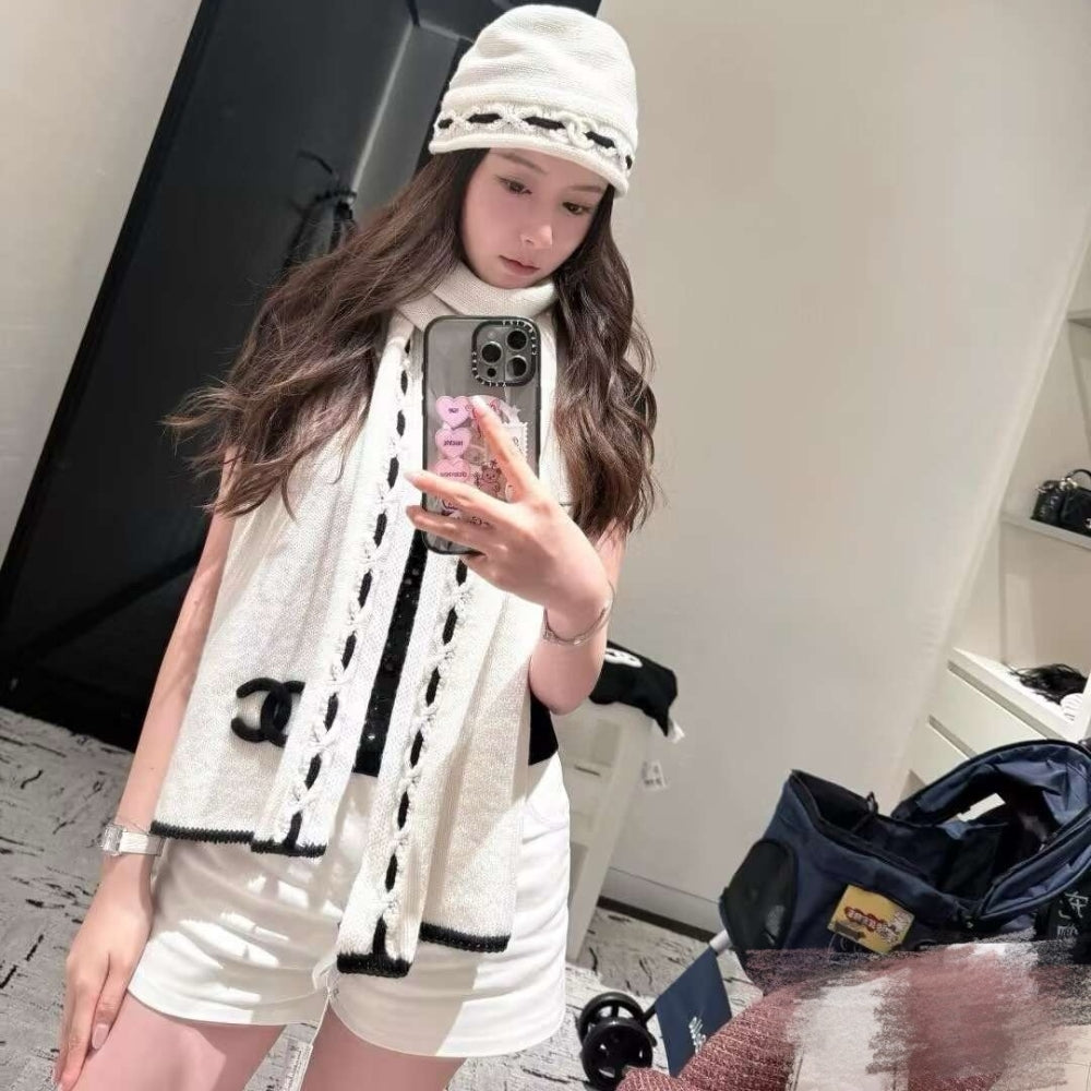 Chanel CC Logo Cashmere Scarf White 180Cm