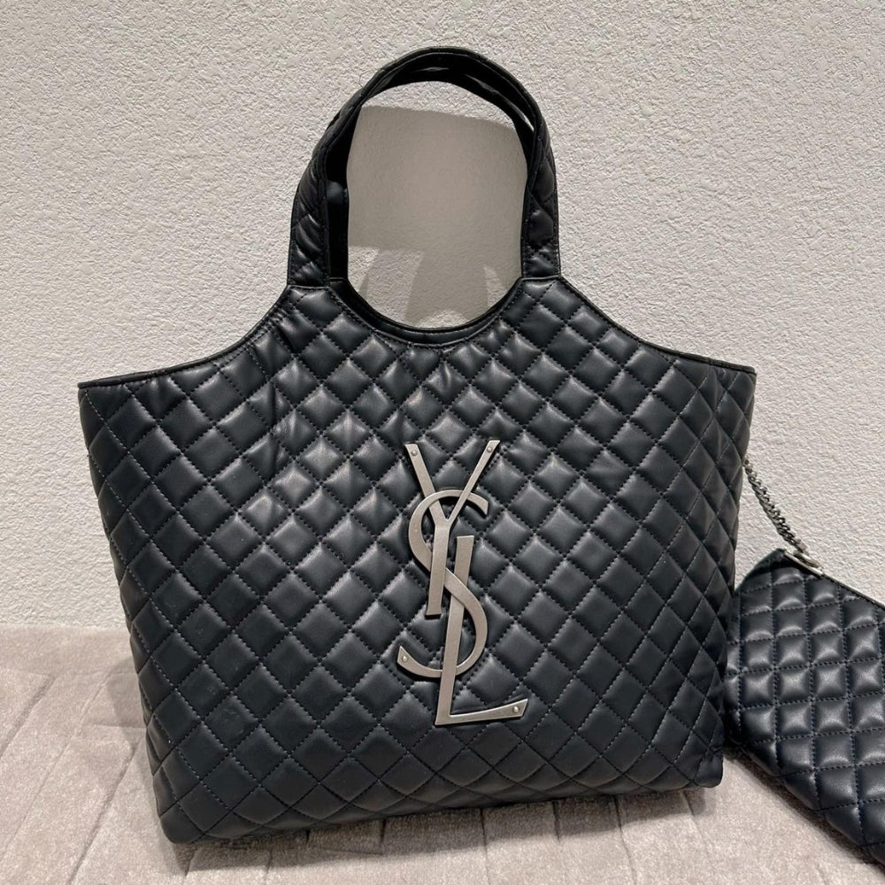 Saint Laurent Icare Shopping Bag In Quilted Black Silver 40Cm