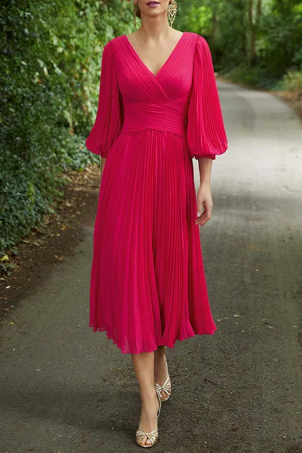 A-line V-neck 3/4 sleeve plus size tea length mother of the bride dress