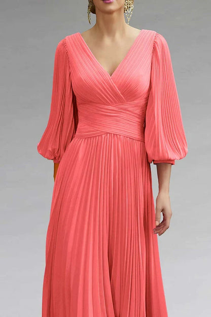 A-line V-neck 3/4 sleeve plus size tea length mother of the bride dress