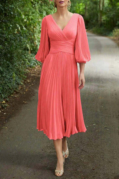 A-line V-neck 3/4 sleeve plus size tea length mother of the bride dress
