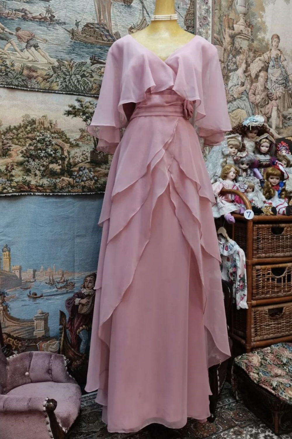 girlhomeshops-Pink cape-style flowing chiffon long prom dress gh5752