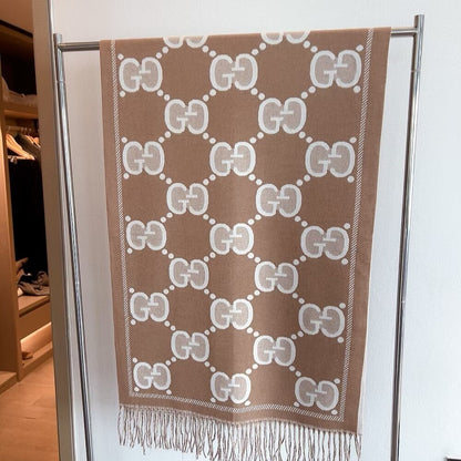 Gucci GG Wool Jacquard Scarf Brown 180Cm
