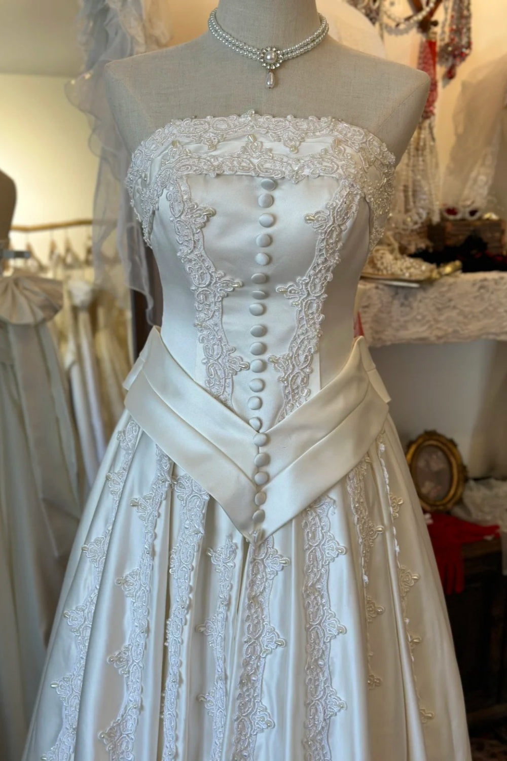 Retro Court Style Cream Satin Lace Strapless Gown - Wedding & Retro Theme Dinner Dress gh6563