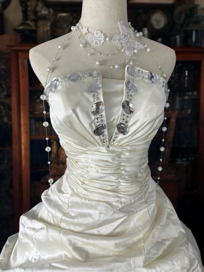 Girlhomeshops-White exquisite beaded long satin ball gown wedding dress bridal gown gh5352