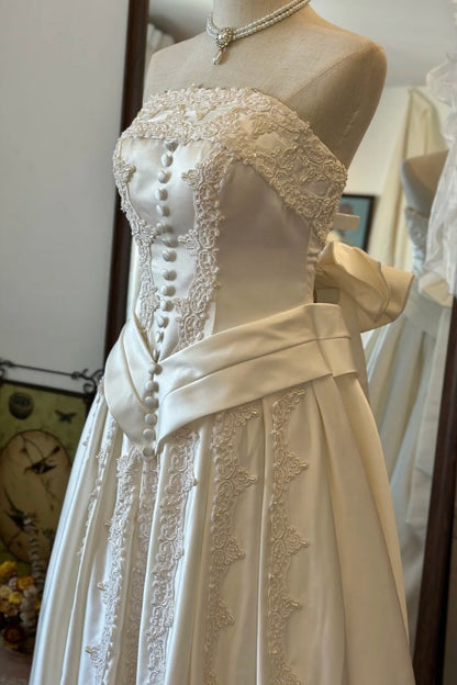 Retro Court Style Cream Satin Lace Strapless Gown - Wedding & Retro Theme Dinner Dress gh6563
