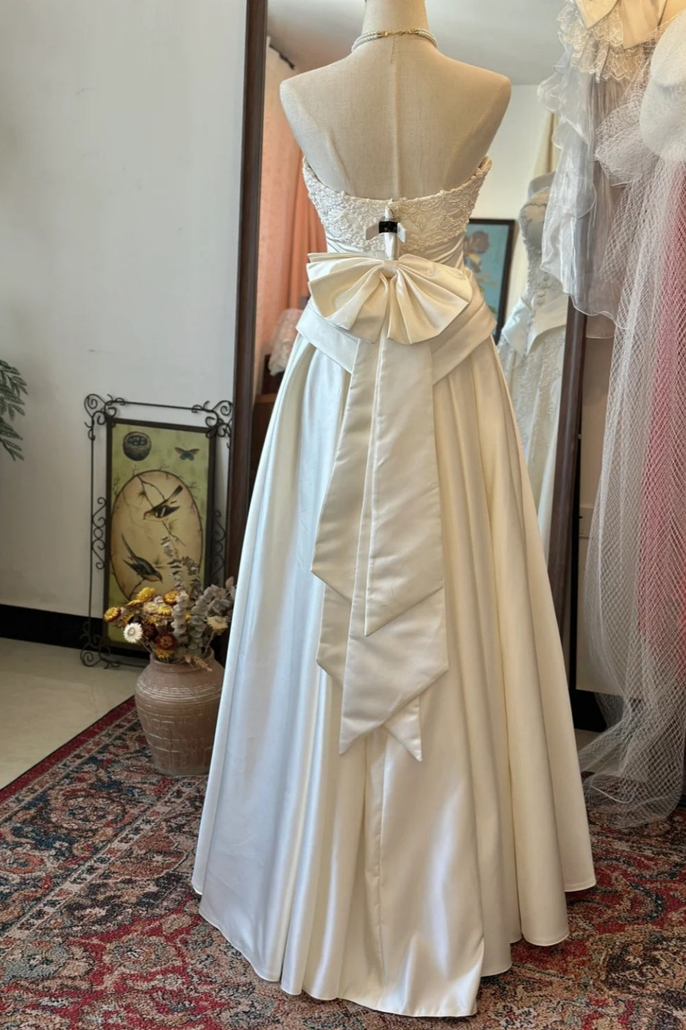 Retro Court Style Cream Satin Lace Strapless Gown - Wedding & Retro Theme Dinner Dress gh6563