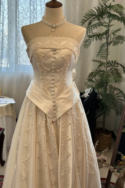 Retro Court Style Cream Satin Lace Strapless Gown - Wedding & Retro Theme Dinner Dress gh6563