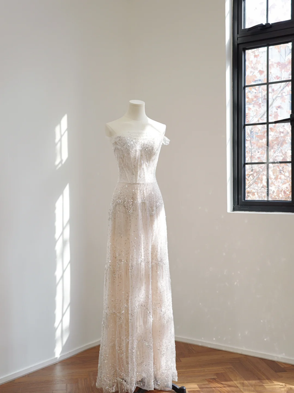 White strapless, fitted, sequined long ball gown/bridal dress R8485