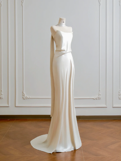 Champagne-colored strapless satin long sexy ball gown R8189