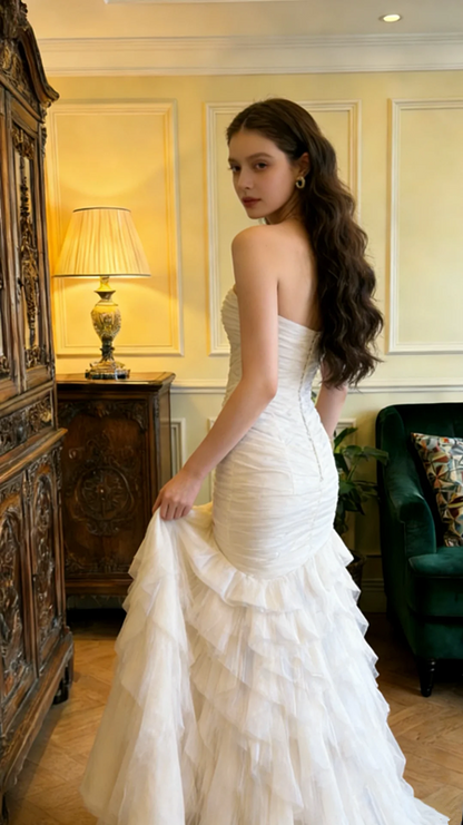 White strapless, fitted waist, long ball gown R8701