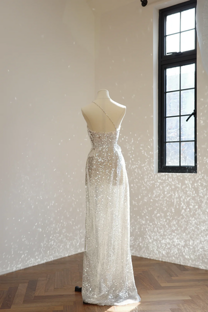 Silver one-shoulder fitted long ball gown R8545