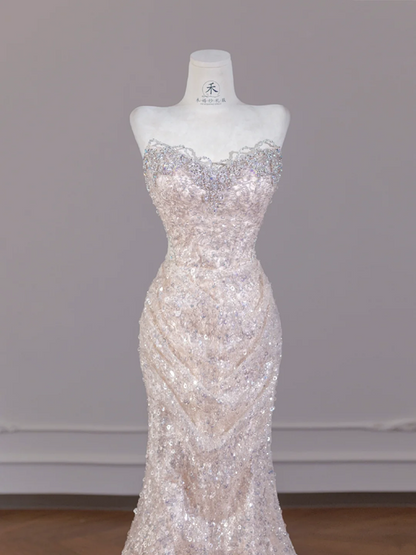 Light apricot strapless fitted sequined long ball gown R8274