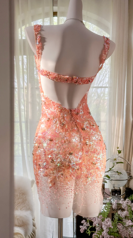 Orange-pink halter-neck, fitted waist, backless, sexy bodycon short ball gown R7668