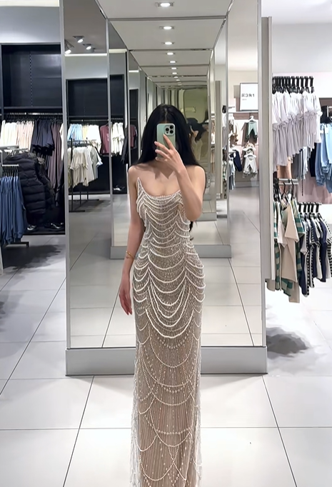 Light champagne-colored strapless, fitted, bodycon, sexy long ball gown R7900