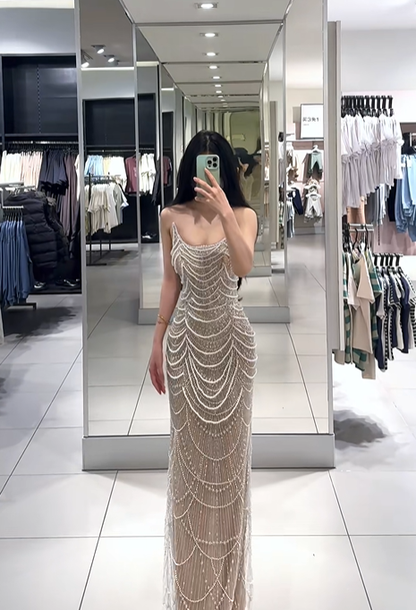 Light champagne-colored strapless, fitted, bodycon, sexy long ball gown R7900