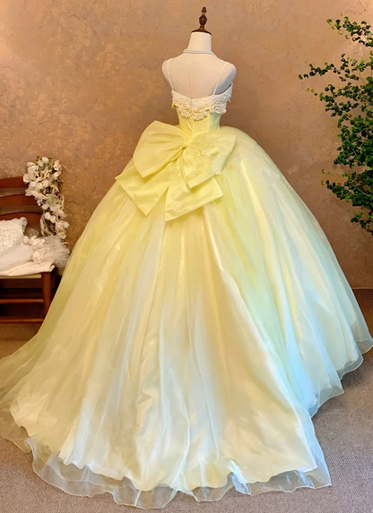 Light Yellow Spaghetti-Strap Waist-Cinched Puffball Skirt Ball Gown, Bridal Gown R7359