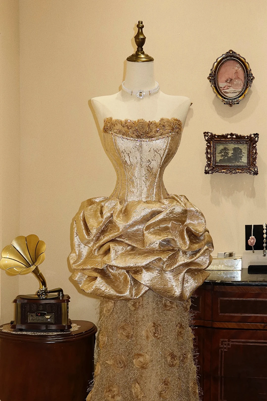 Golden strapless waist-cinching ruffled-bud hem long sexy prom dress R7940