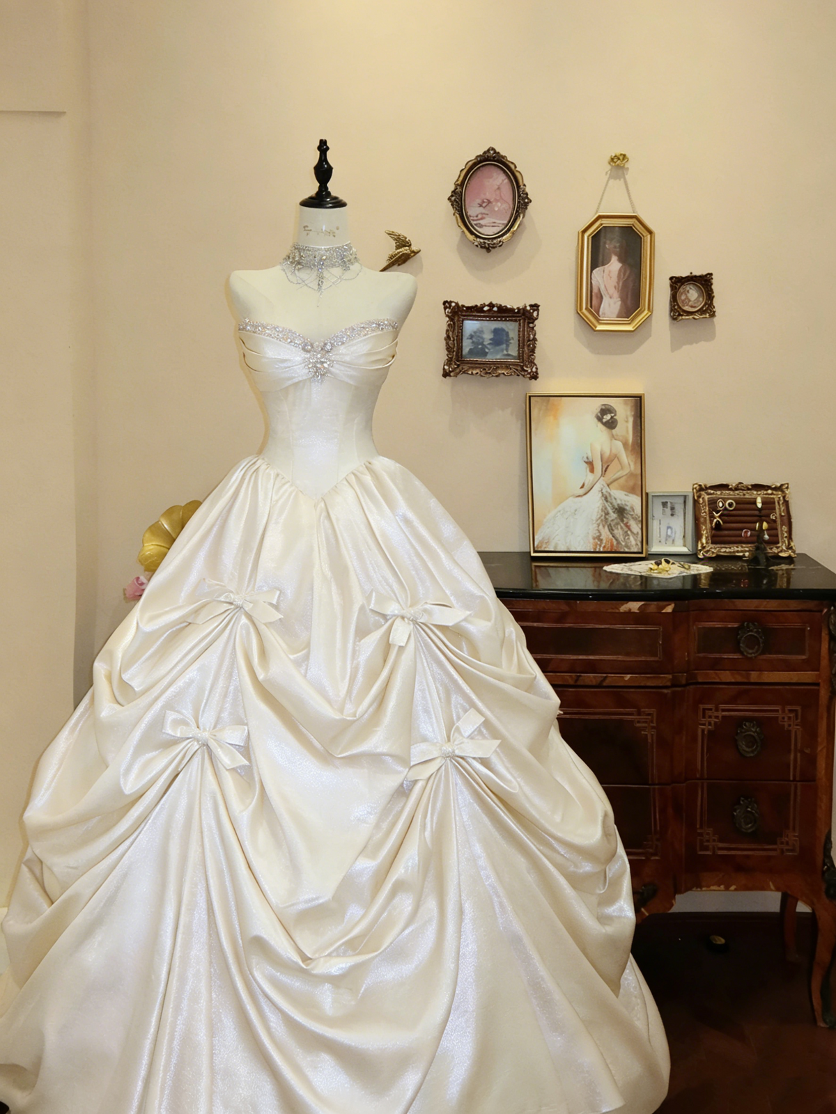 Charming Strapless Ball Gown Pink Satin Beaded Pleated Birthday Quinceanera Dress With Bow SP1877