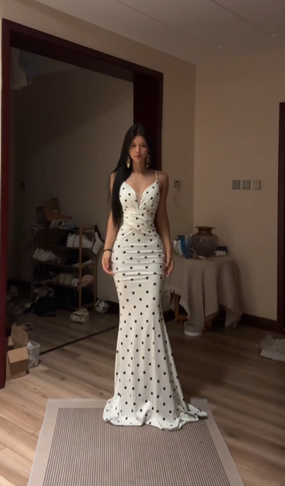 White halter-neck polka dot fitted long ball gown R7553