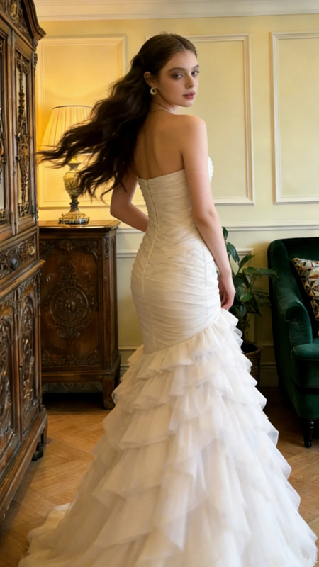 White strapless, fitted waist, long ball gown R8701