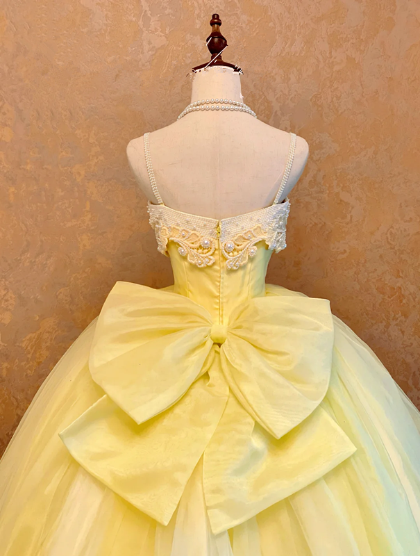 Light Yellow Spaghetti-Strap Waist-Cinched Puffball Skirt Ball Gown, Bridal Gown R7359