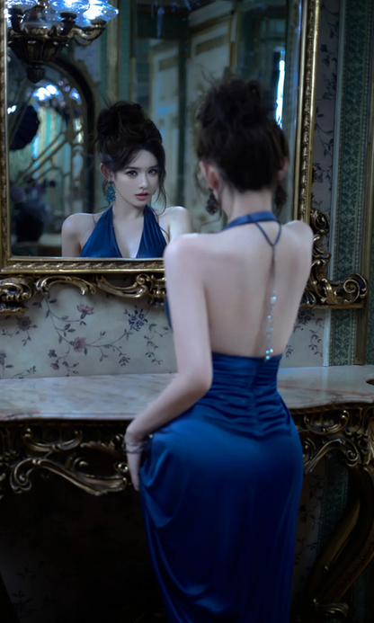 Blue halter-neck fitted waist slim-fitting slit sexy ball gown R7073