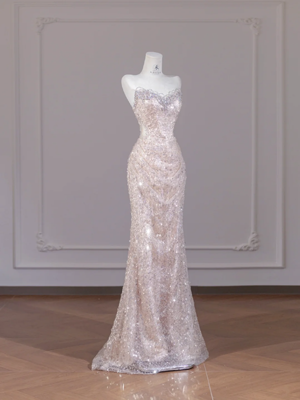 Light apricot strapless fitted sequined long ball gown R8274