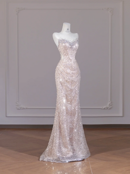 Light apricot strapless fitted sequined long ball gown R8274