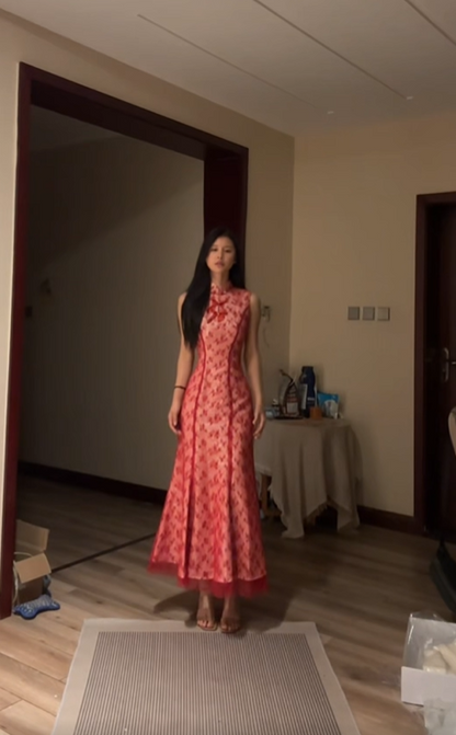 Red sleeveless fitted waist slim hip-hugging sexy long ball gown R7780