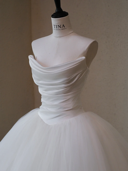 White Strapless Satin Pleated Waist Slim Fit Puffy Skirt Long Dress Bridal Gown R5720