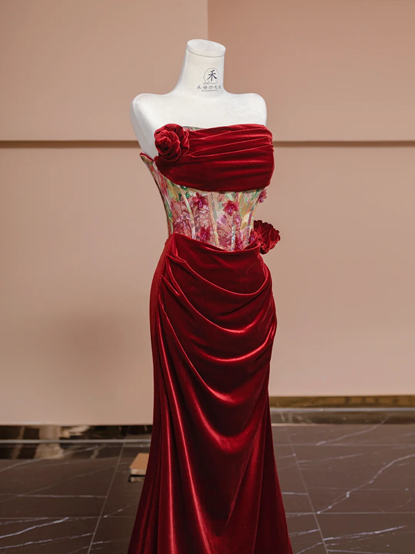 Red strapless boning long ball gown/bridal dress R8303