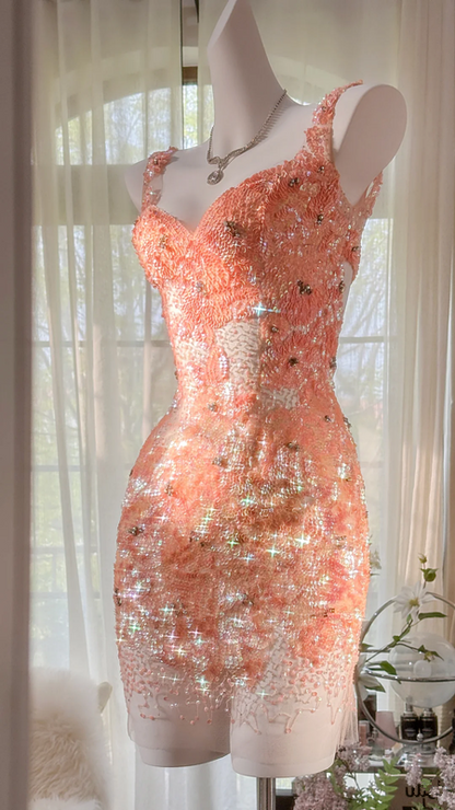 Orange-pink halter-neck, fitted waist, backless, sexy bodycon short ball gown R7668