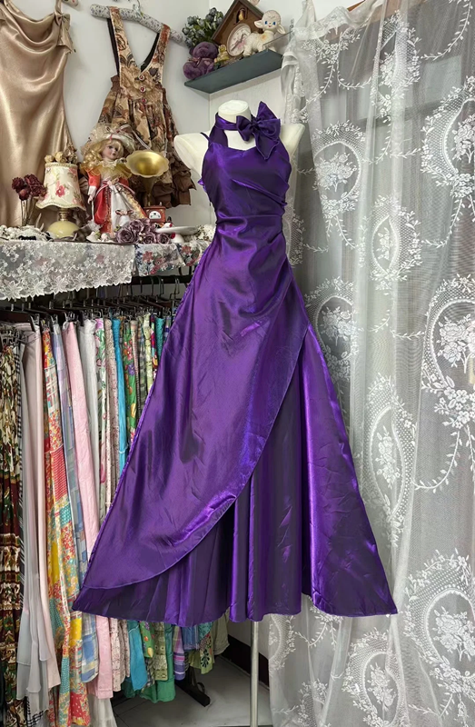 Deep purple halter neck fitted waist sexy long ball gown R7820