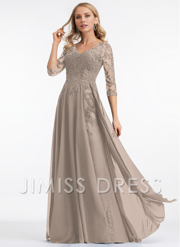 A-line V-neck floor mopping lace chiffon with sequins, mother of the bride dress