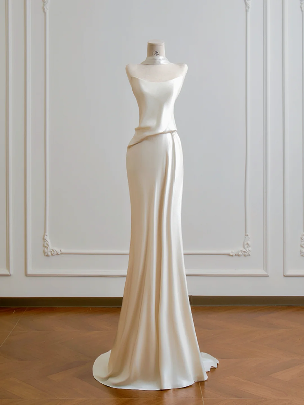 Champagne-colored strapless satin long sexy ball gown R8189