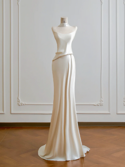 Champagne-colored strapless satin long sexy ball gown R8189